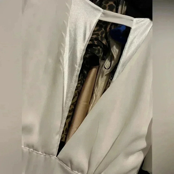 White Deep Plunge Dressy Top Peplum Chiffon Satin - Picture 6 of 10